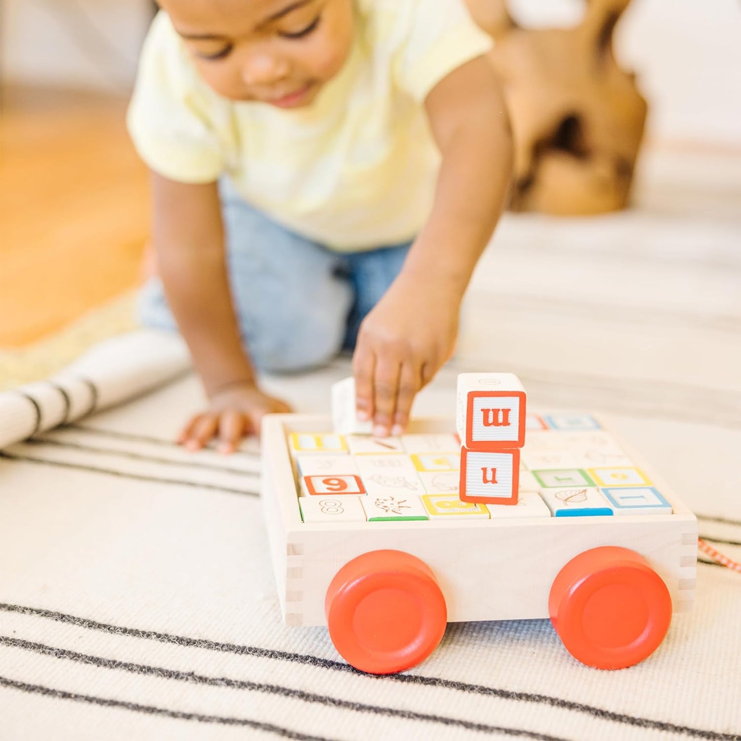 Classic ABC Wooden Block Cart, Educational Toy With 30 1-Inch Solid ABC Wood Blocks set, Montessori Wooden Block Set, For Toddlers Ages 2+ Kids Toys