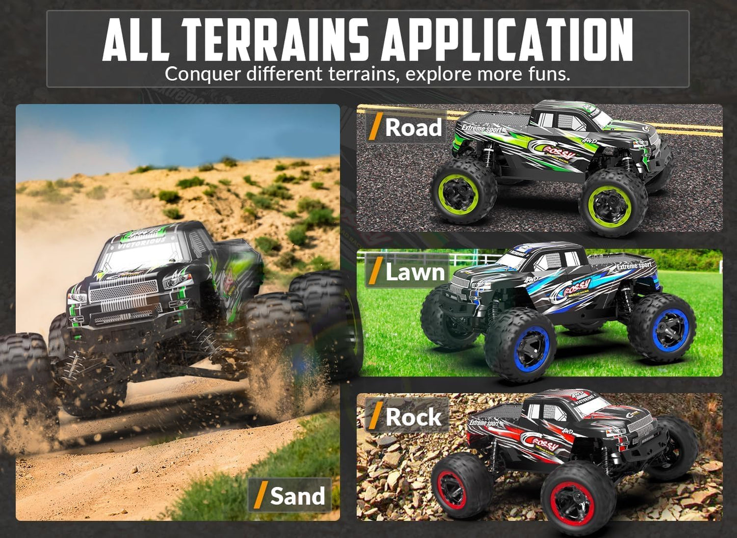 RC Truck Cars, 1:16 Scale All Terrain Monster Truck, 40KPH High Speed Remote Control Cars, 30MPH 4WD Off Road Monster Truck, 2.4Ghz Radio Control, 2 Rechargeable Batteries, 40+ Min Play, Gift for Boys Adults - Toyigo