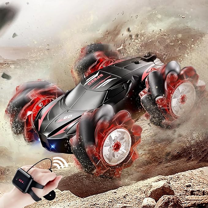 Remote Control Car, 2.4GHz 4WD Gesture Sensing Remote Control Stunt Car Car with Cool Light and Music, Double-Sided 360ø Flips RC Cars for Kids - Toyigo