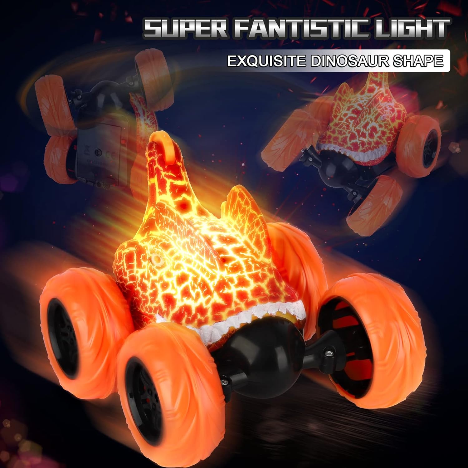 Dinosaur RC Stunt Car, 360øRolling Twister with Colorful Lights, 2.4 GHz Rechargeable Remote Control Car, Christmas Birthday Gifts Toys for Boys Girls Ages 3 4 5 6 7 8 - Toyigo