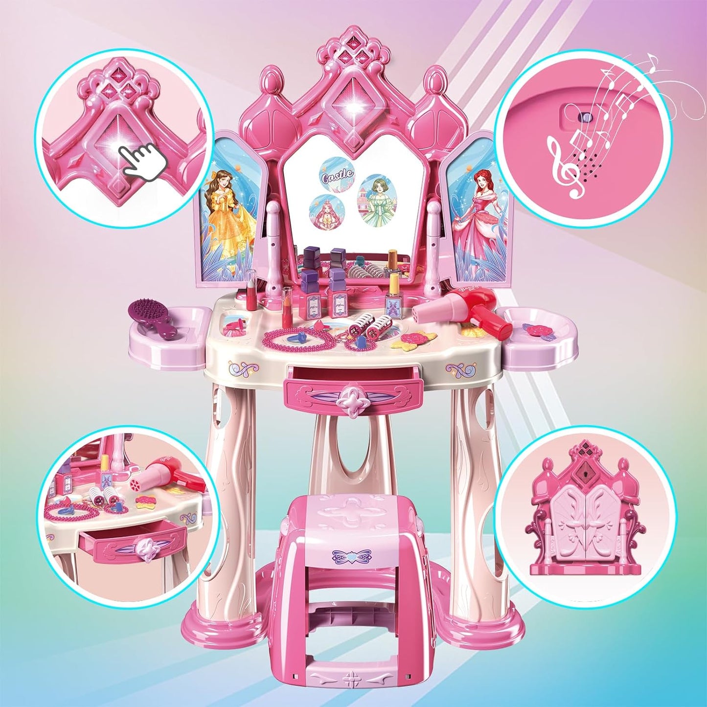 Pretend Play Girls Makeup Table Set with Stool?Open Doors by Gestures?Kids Vanity Set with Lights and Music?Toddler Beauty Salon Set with Makeup Accessories & Hair Dryer?Toy for Toddlers 2-5 Years Old