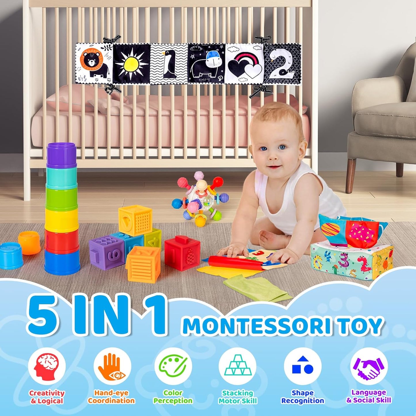 Montessori Toy for Babies, 5 in 1 Sensory Infant Toy, Development Learning Teething Toy, Stacking Building Blocks, Tissue box toy, Soft baby book, Montessori Toy for 0-6-12 Months, Toddlers 1 2 3 Year Old Girl Boy Gift - Toyigo