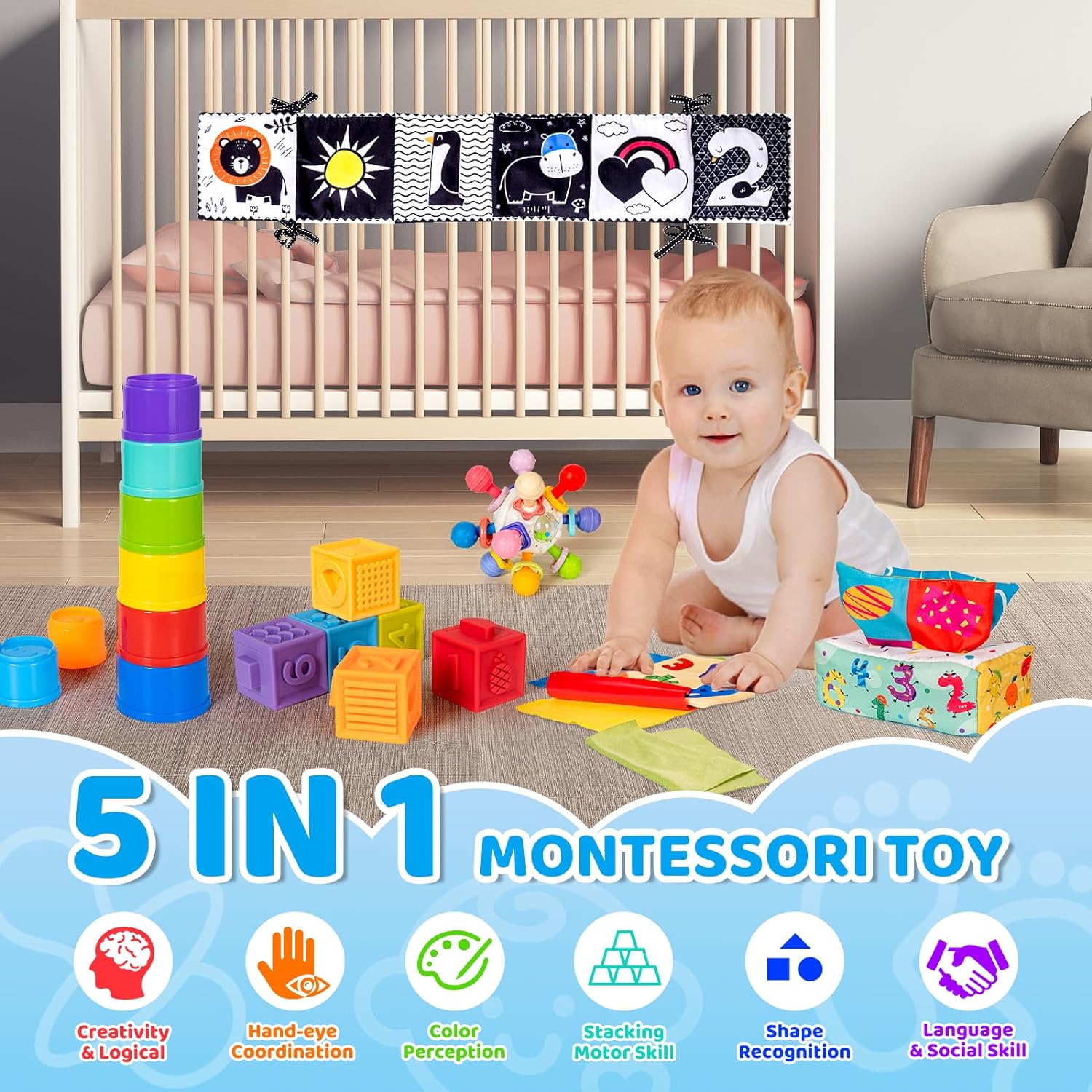 Montessori Toy for Babies, 5 in 1 Sensory Infant Toy, Development Learning Teething Toy, Stacking Building Blocks, Tissue box toy, Soft baby book, Montessori Toy for 0-6-12 Months, Toddlers 1 2 3 Year Old Girl Boy Gift - Toyigo