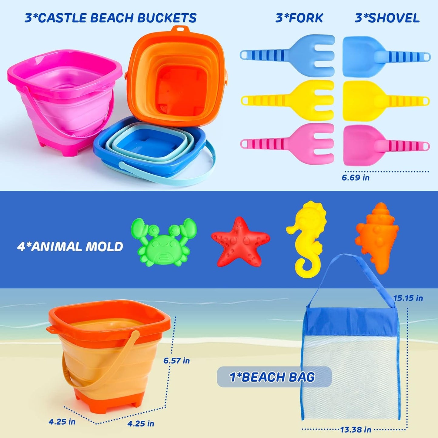 Beach Toys, Collapsible Sand Castle Toys for Beach Include 3 Pack Foldable Buckets, Shovels Molds and Storage Mash Bag for Kids 3-10, Sandbox Travel Toys for Toddlers Kids