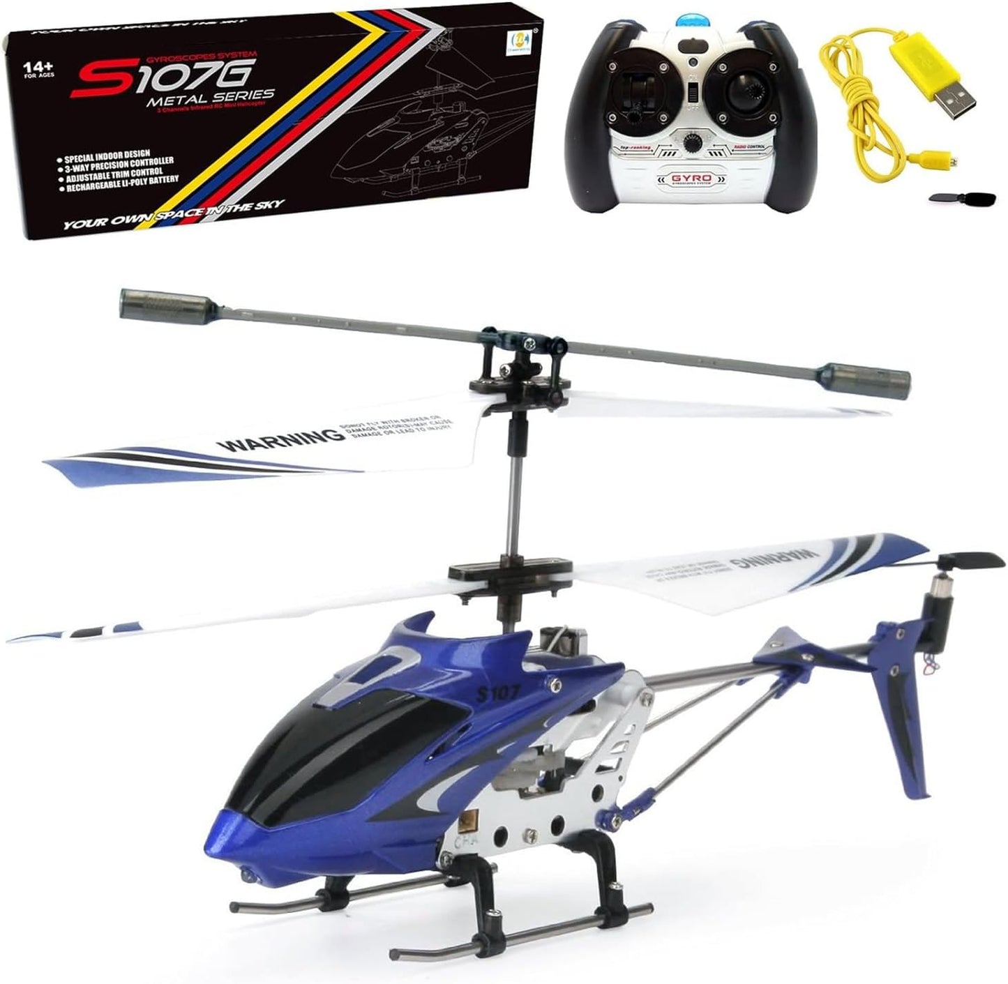 RC Helicopter, S107G 3 Channel, RC Helicopter with Gyro, Blue - Toyigo