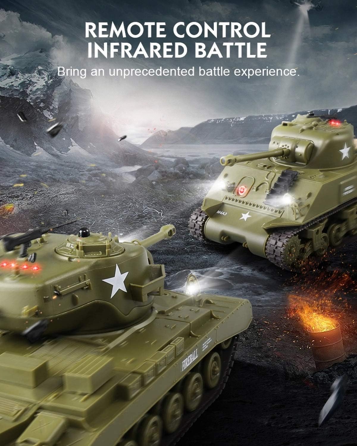 Sherman vs Pershing Infrared Battle Tanks, 2.4GHz Remote Control Battling Panzer, 2-Set Combat Fight Pair RC Tanks, Remote Control US Model Tank M4A3 M26 - Toyigo