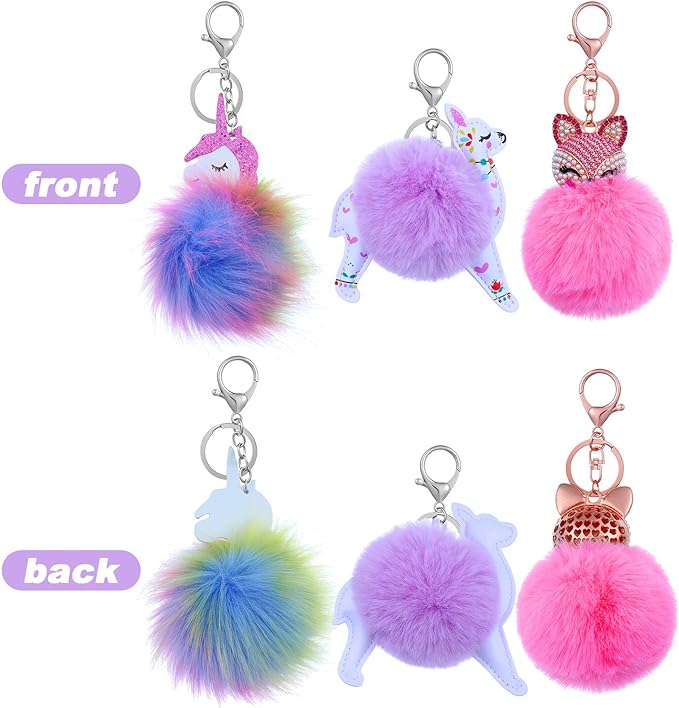 Animal Pom Pom Keychain Cute Fluffy Key, 3 Pieces Ring Unicorn Keychain for Women Bag Accessories