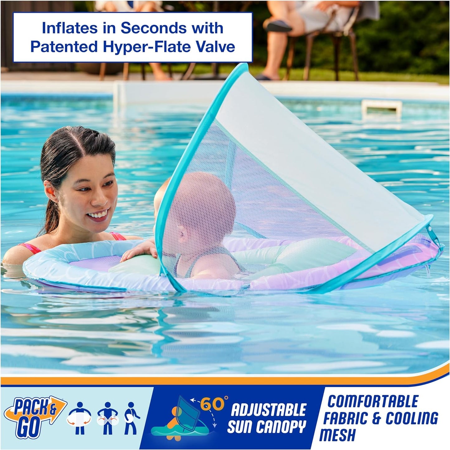 Baby Spring Float, Baby Pool Float with Canopy & UPF Protection, Swimming Pool Accessories for Kids 9-24 Months, Mermaid