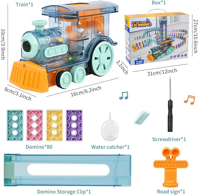 Domino Train Toy Set for Kids, 80 PCS Domino Blocks Electric Train Toy with Steam, Lights and Music, Automatic Domino Train Toy Creative Gifts for Boys and Girls