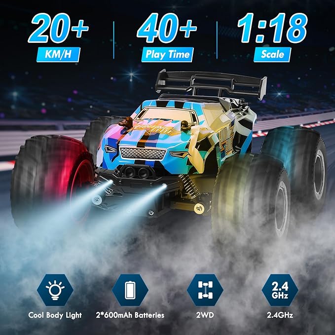 Monster Truck, Remote Control Truck, 2.4Ghz All Terrain Off-Road Monster Truck, Remote Control Car, 20 KM/H Rc Cars with LED Bodylight and 2 Rechargeable Batteries Kids Toys for Boys Age 4-12 - Toyigo