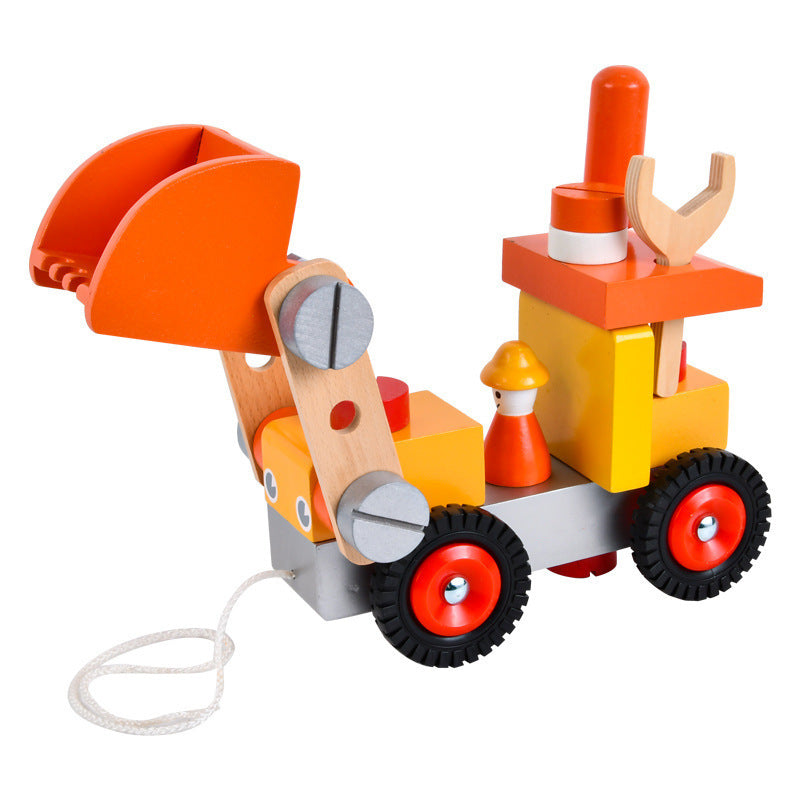 Children's Wooden Screw Car Nut Tool Box Toy, Wooden Montessori Excavator/Digger Model Toy for Boys