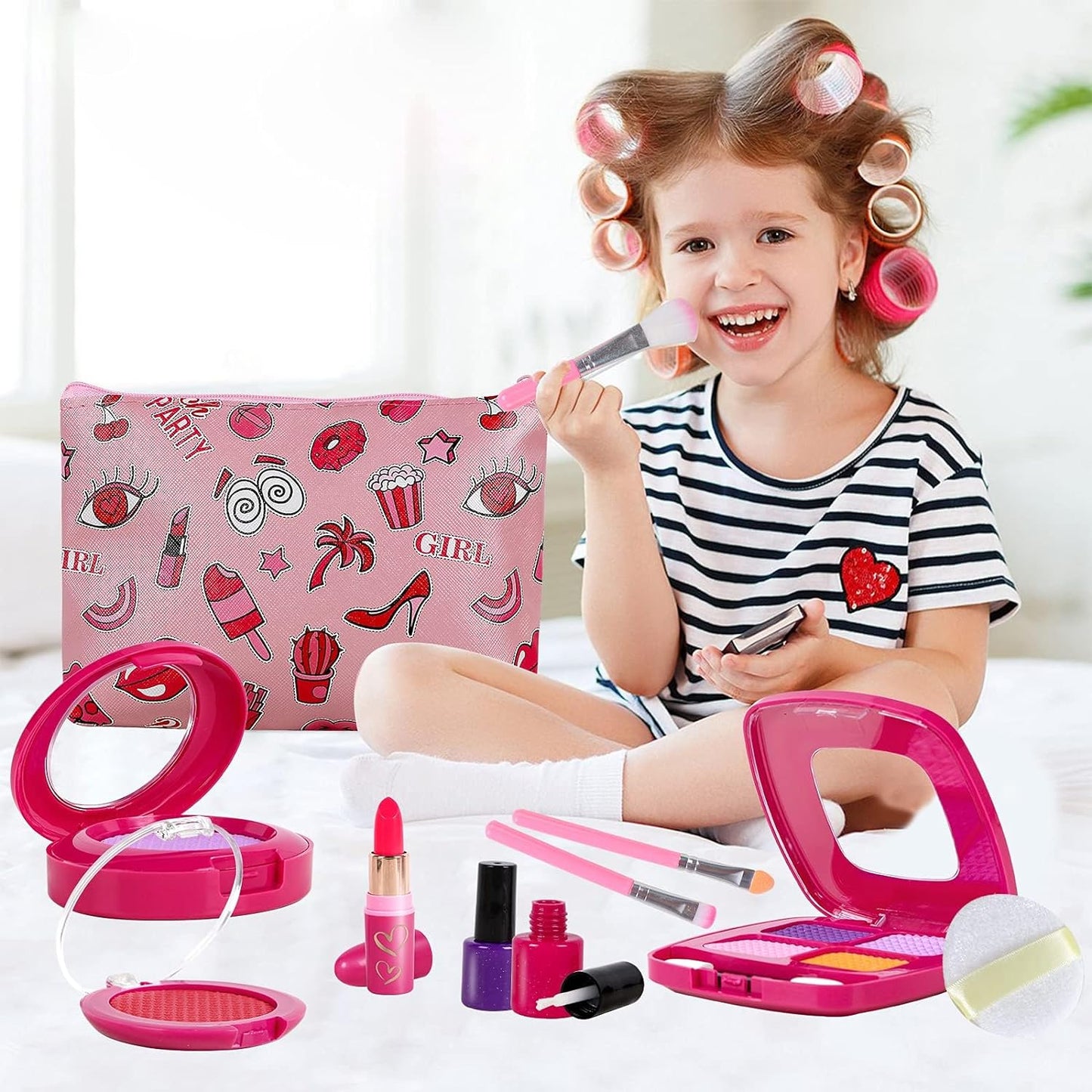 Girl Gifts Pretend Play Makeup Toys, Beauty Set for Toddler Little Girls Age 3 4 5 6-8, Kids Your Princess Niece Granddaughter Mother's Day, Birthday Halloween Christmas (Fake Cosmetic 15pcs Kits)