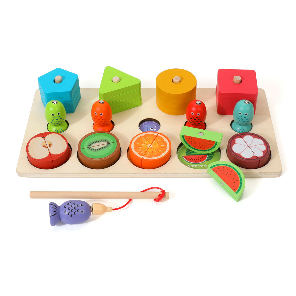 3-in-1 Multifunctional Wooden Toy Set - Fishing, Fruit Cutting, & Geometric Shape Matching for Early Childhood Education