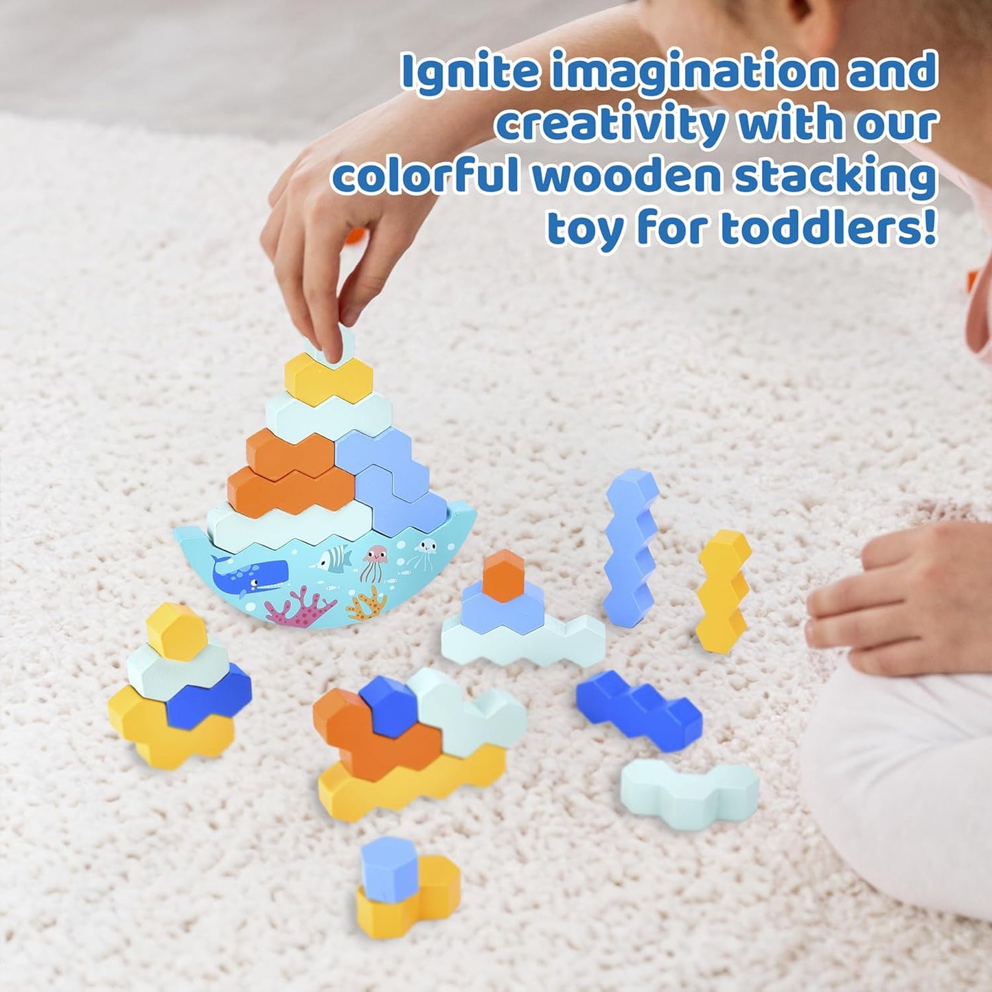 Creative Stacking Toy, Toddler Learning Blocks, Educational Wooden Blocks, Montesorri Wood Age Cubes, Wooden Building Blocks - Set of 16 Multicolor Block Set