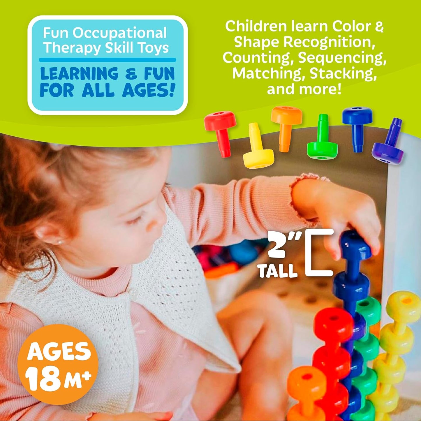 Montessori Sensory Pegboard 33 Piece Set, Develop Sensory Play Occupational Therapy, STEM Learning Educational Toys for Kids 2+ - Includes Foam Board, Lacing String, Dice, Storage Bag, E-Book