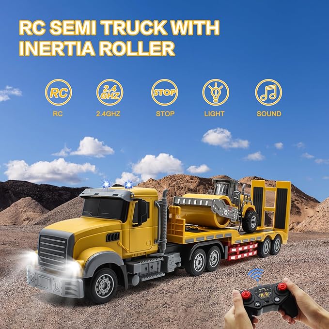 RC Semi Truck with Trailer Toy, 1:24 RC Semi-trailer Engineering Tractor With Sound And Lights, 1:24 RC Semi-trailer Engineering Tractor With Sound And Lights, Construction Vehicles For Kids - Toyigo