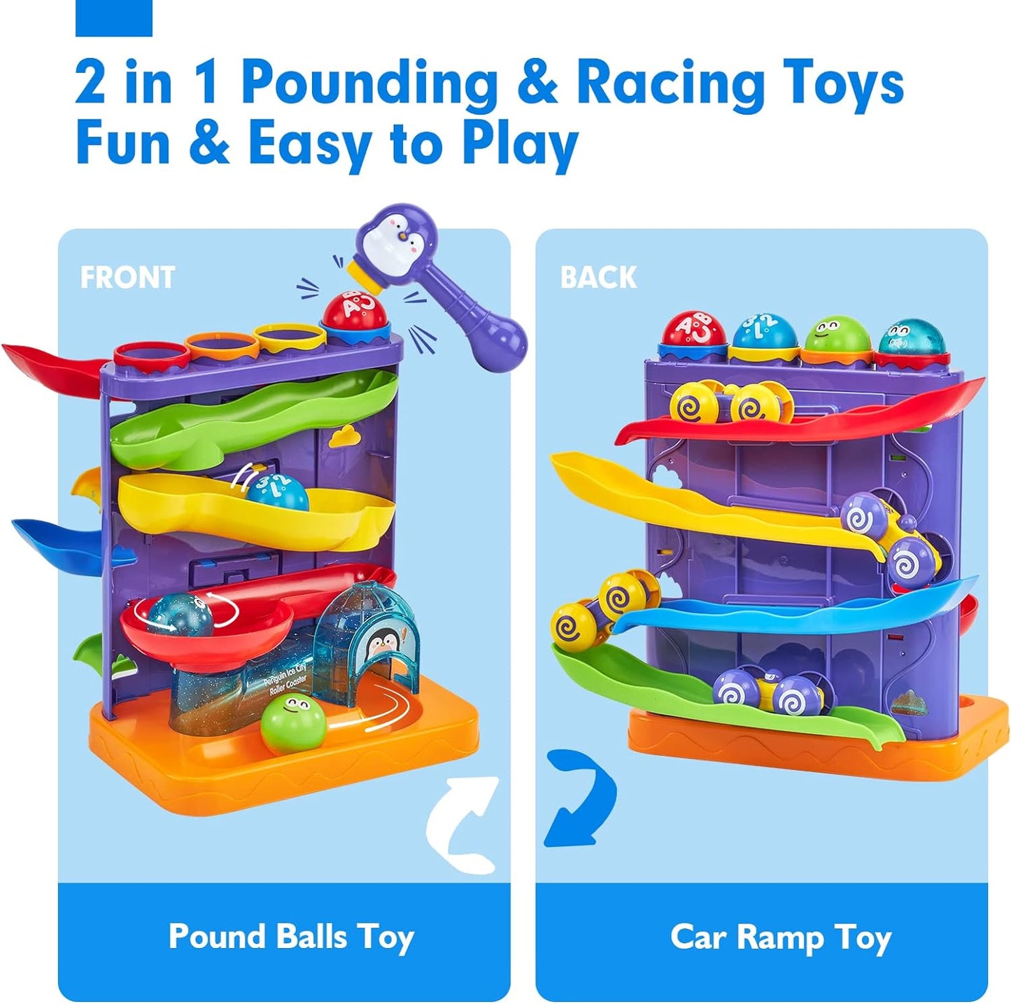 Early Developmental Montessori Toys, Toddler Toys for 1 Year Old Boy, 2 in1 Pound Ball Toy, Car Ramp Race Track Toy, Learning Toys for 1 Year Olds, Active Developmental Toys for Toddlers, 1 Year Old Birthday Gifts for 1 2 3 Year Old Boy Girl - Toyigo