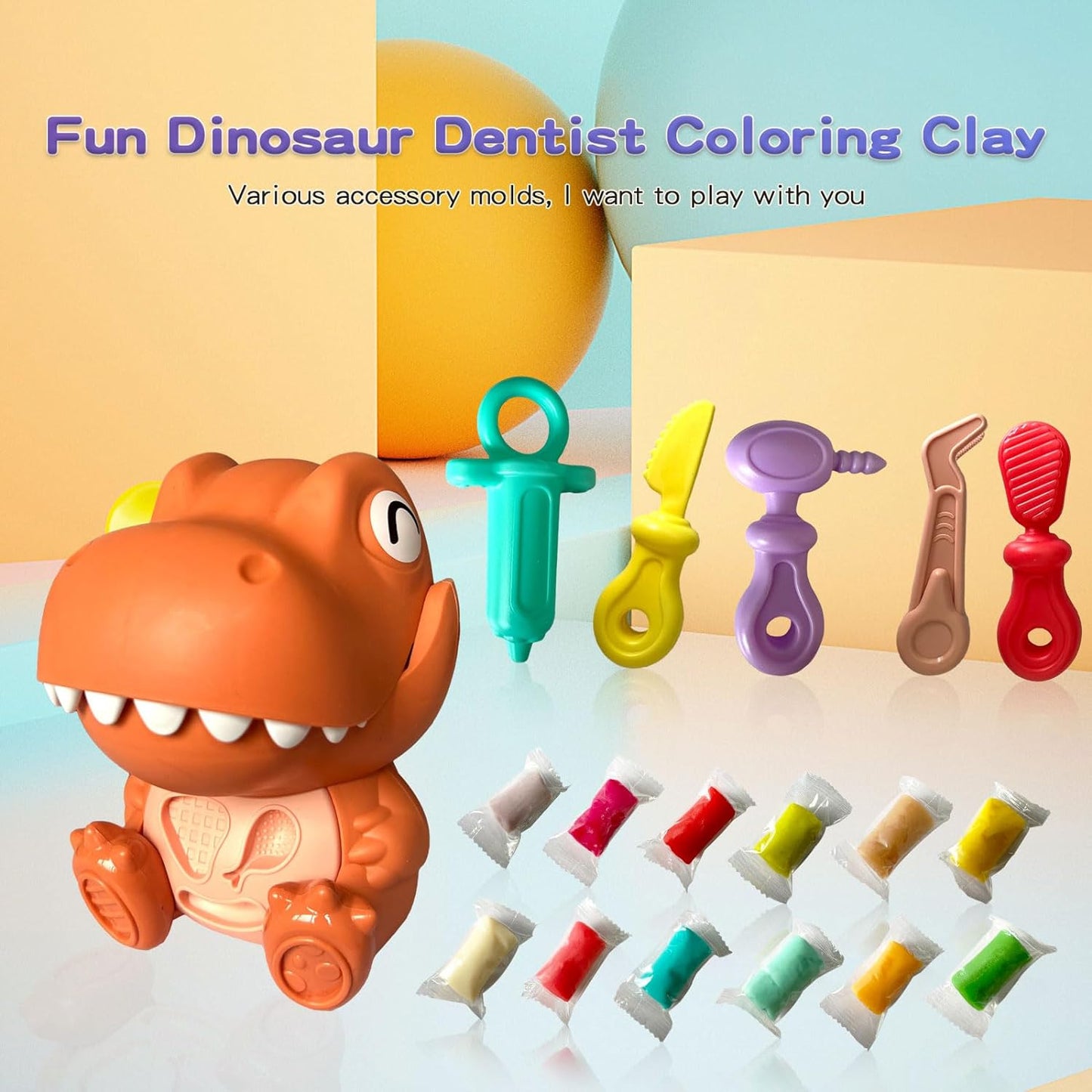 Dough Dentist Dinosaur Toy Set, Doctor Drill and Fill Dentist, Playset with Dough and Molds Accessories, Clay Modeling Kit for Kids 3 Years Old and Up Gift Set