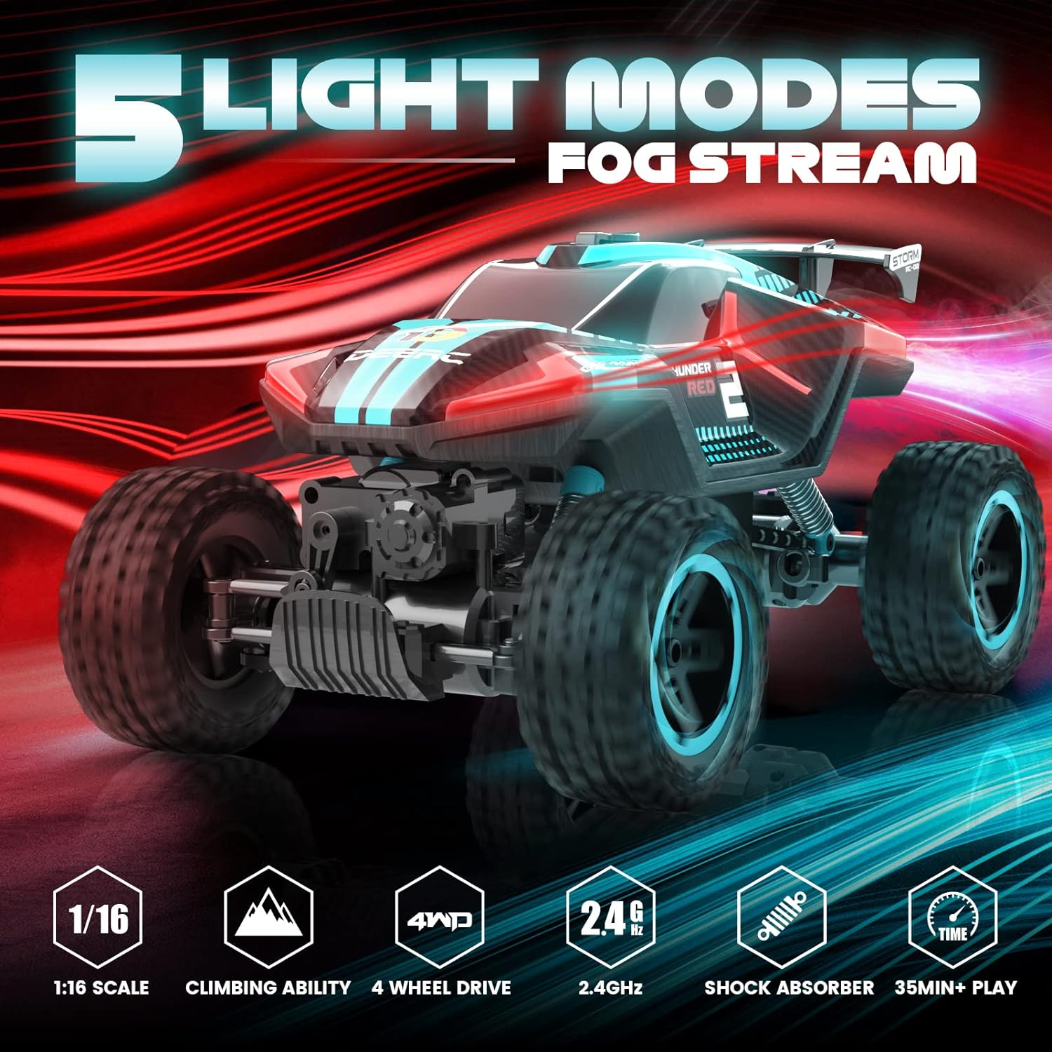 Remote Control Truck,  5 LED Light Modes, Dual Motors Off Road RC Car, 4WD Rock Crawler, Spray Water Mist, 35+ Min Play, Toy Vehicle for Boys Girls and Adults, with Spray and Light - Toyigo