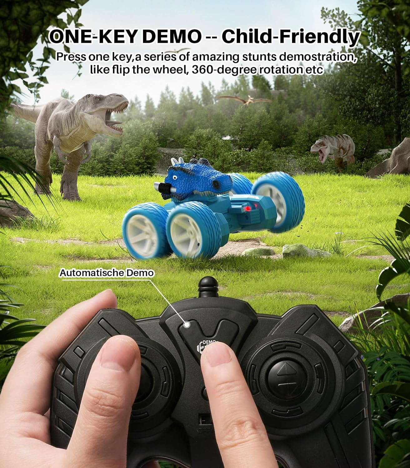 Dinosaur Remote Control Stunt Car, Stunt Car with One Key Demo, 360øRotation, Electric Hobby RC Car, Tyrannosaurus for 3 4 5 6 7 8 Year olds Kids Boys Girls-Blue - Toyigo