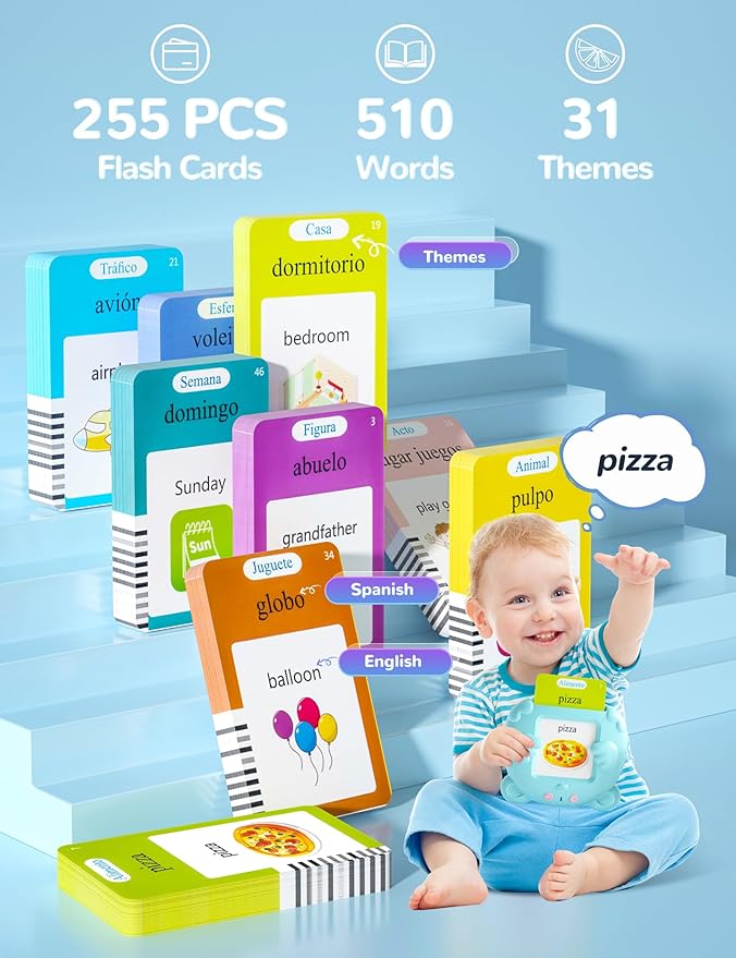 Talking Flash Cards for Toddlers 2-4 Years Old, 510 Sight Words Bilingual Learning Toys for Children, Autism Sensory Speech Therapy Toys, Spanish & English Espa¤ola Pocket Vocabulary Educational Games - Toyigo