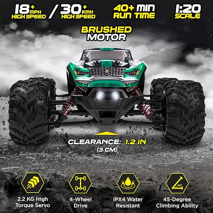 Remote Control Truck, 4x4 Off-Road Waterproof RC Truck, Remote Control Car, Hobby Grade RC Car 1:20 Scale Brushed Motor with Two Batteries, Fast RC Cars for Kids Adults - Toyigo