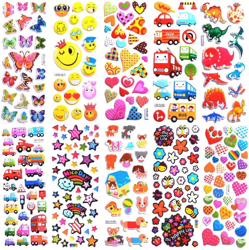 3D Puffy Stickers 40 Different Sheets, Cute Stickers Variety Pack for Kids Scrapbooking, Stickers for Kids 1000+, Gifts, Rewards Including Animals, Stars, Fishes, Hearts, Dinosaurs, Cars and More