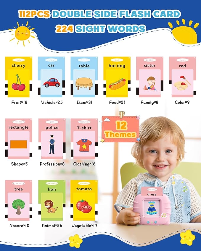 Talking Flash Cards Toddler Toys, Preschool Educational Sensory Toys with 112 Double Sided Cards for 1 2 3 4 5 6 Year Old Boys and Girls, Interactive Learning Toys Gifts for Kids - Toyigo