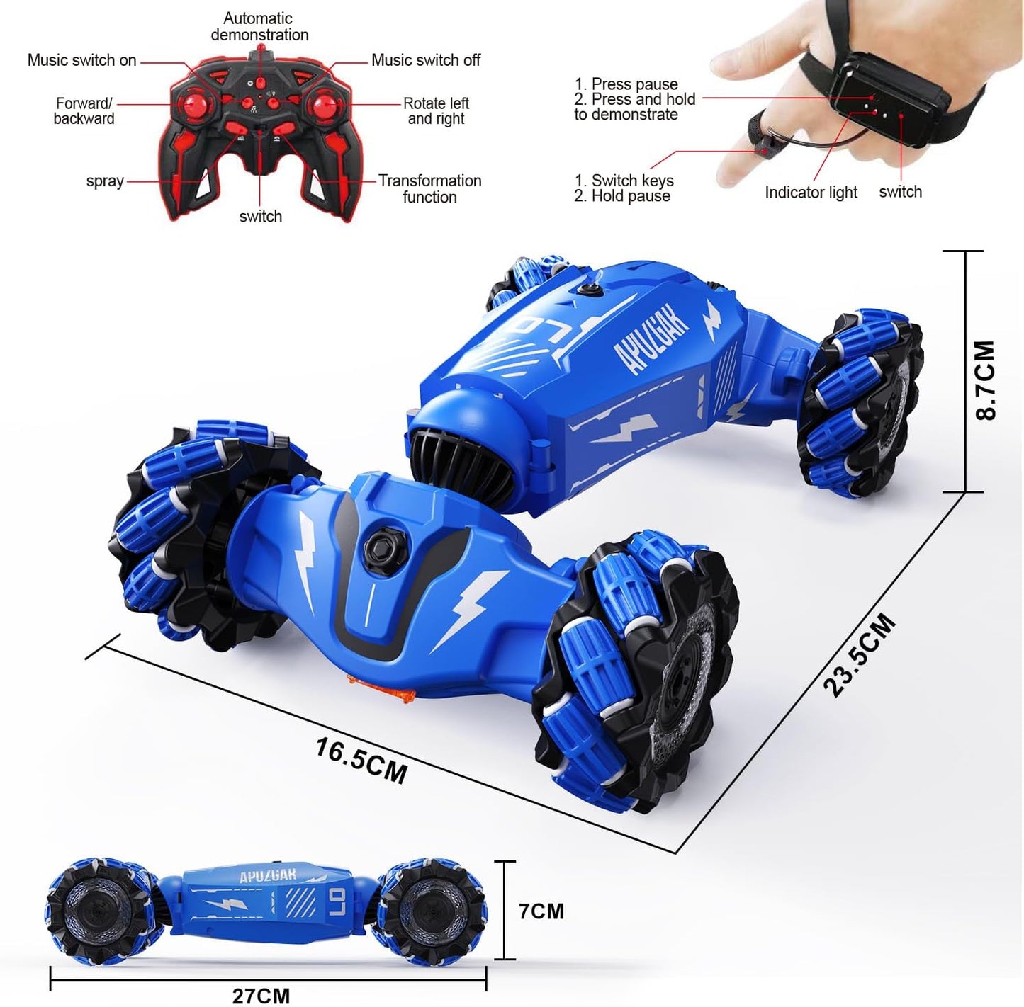 Upgraded Hand Gesture Sensing RC Stunt Car with Lights Music, Spray Fog Steam Gesture RC Car Remote Controll Transformed Vehicle 360ø Spins All Terrains Monster Truck for Boys Kids - Toyigo