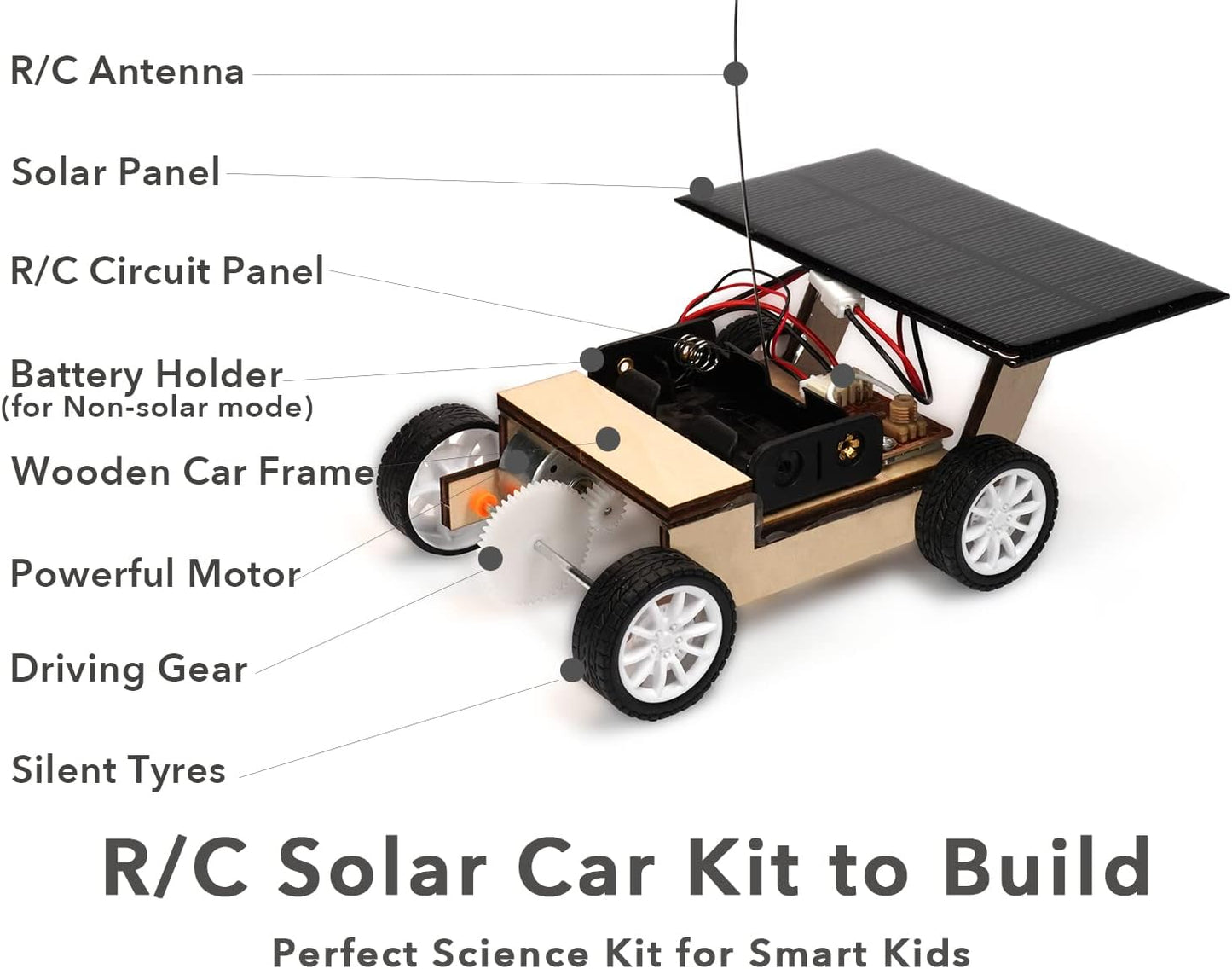 Solar-Powered Car V1w, Wooden STEM Kit with Wireless Remote Control for Boys and Girls, Hybrid Powered by Solar Power and Batteries, Educational Motor Toy Gift for Kids Aged 8-12