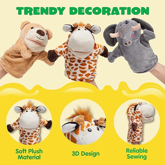 6Pcs Kids Hand Puppet Set with Working Mouth, Toddler Animal Plush Toy Includes Elephant, Giraffe, Lion, Bear, Raccoon and Monkey for Show Theater, Birthday Gifts, Easter Basket Stuffers