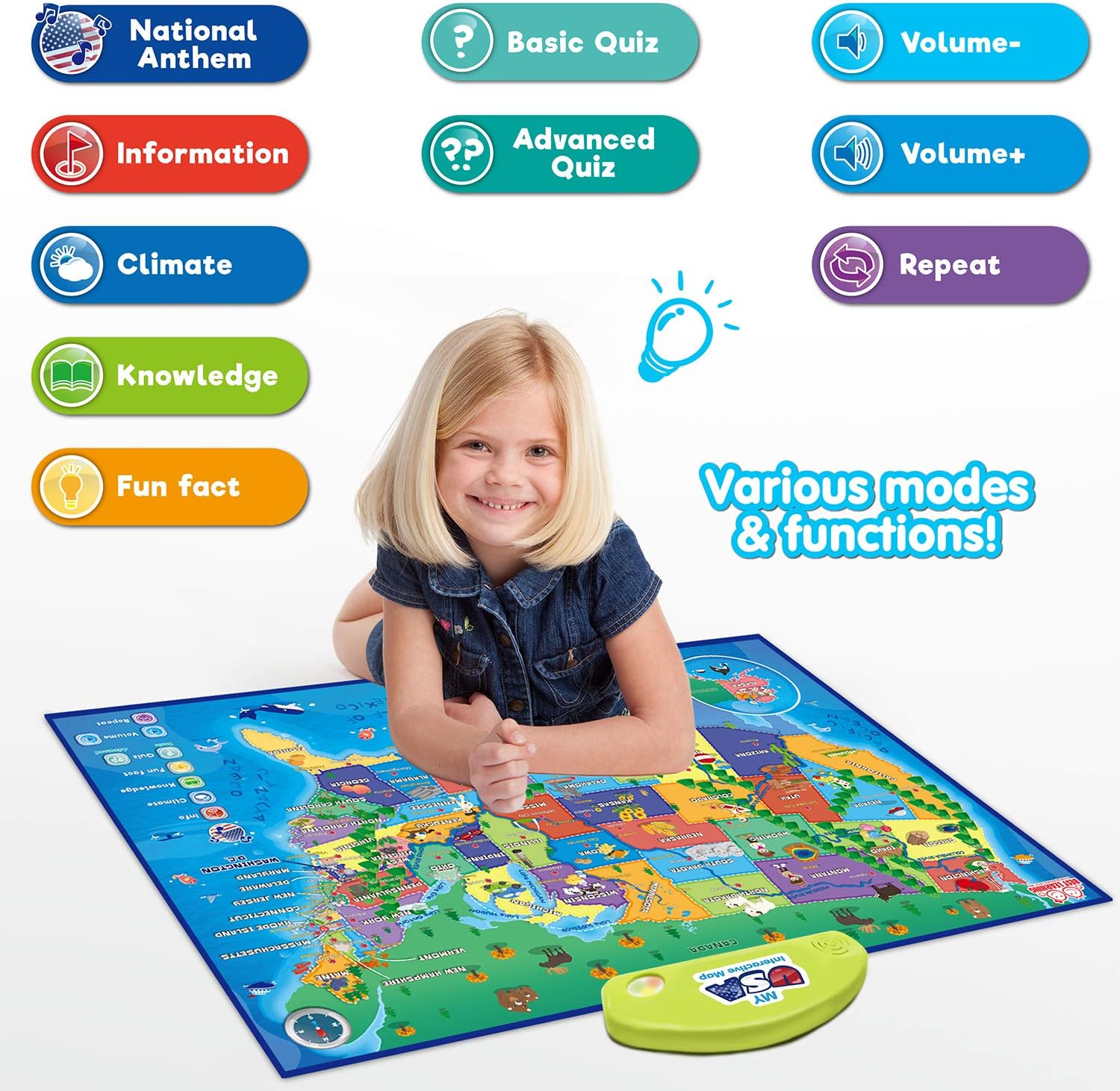 Educational Smart Talking Poster Toy, USA Interactive Map, Smart Learning Toy, Geography Electronic Game Educational Talking Poster for Children, Boy or Girl Ages 5 to 12 Years - Toyigo