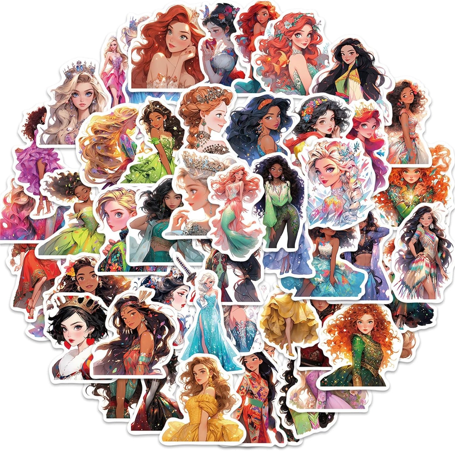 Princess Stickers, Cute Cartoon Characters Stickers 50PCS, Asverbet Movie Decal Children's Decorative Sticker for Water Bottles Laptop Luggage Phone for Kids Adults