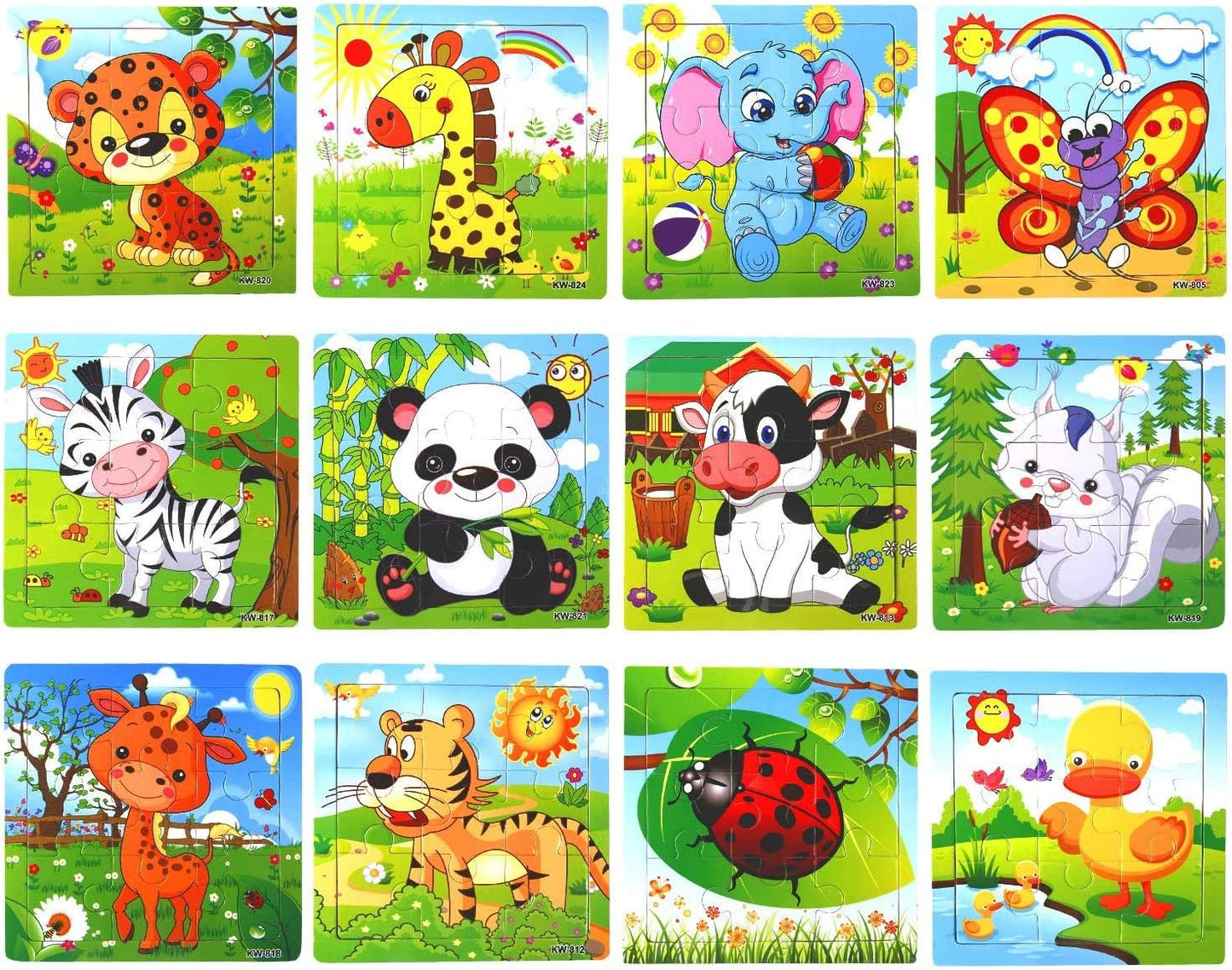 12 Pack Jigsaw Puzzles, Toddlers Wooden Animals, Jigsaw Puzzles 9 pcs, 12 Organize Bags for Kids, Ages 2 3 4 5 Preschool Educational Puzzles, Learning Travel Toys, Boys and Girls