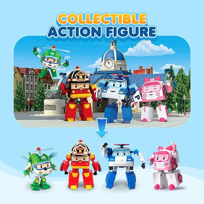 Robocar Poli  + Amber + Roy + Hilly Transforming Robot Toys, 4" Transformable Action Figure Toy, Emergency Vehicle Playset, Holiday Birthday Rescue Car Toys Gift for Boys Girls Age 1-5