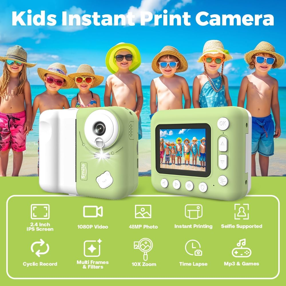 Kids Instant Print Camera, 1080P Digital Kids Camera, 2.4 Inch IPS Screen 10X Zoom Built-in Battery with Thermal Printing Paper Color Pens Neck Strap