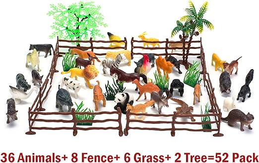 Animal Figurines Toys, 52 Pcs Small Mini Realistic Safari Zoo Plastic Animals Figures Learning Educational Toy Set for Kids Toddlers Jungle Wild Forest Animals Playset Cupcake Topper