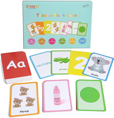 ZazzyKid Flash Cards for Toddlers Learning, 54 Double Sides Flashcards for Alphabets, Numbers, Colors, Shapes - Educational Toys for Preschool - Toyigo