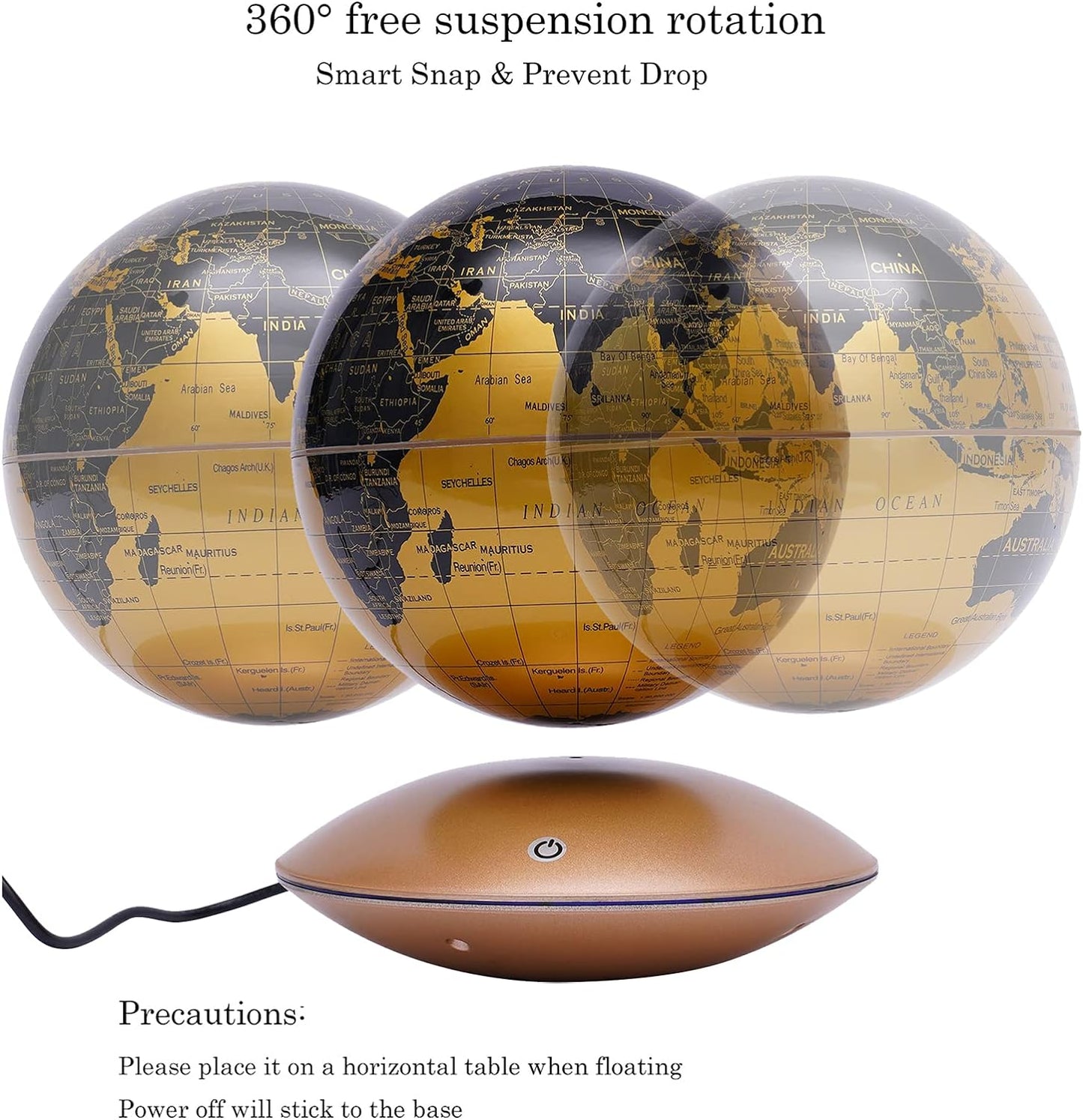 Floating Globe, Gold Levitating Globe, 360 Degree Rotation, World Map Office Decor, Led Light Base, Gift For Men Father Boys, Spinning Globe Desk Levitating Decoration