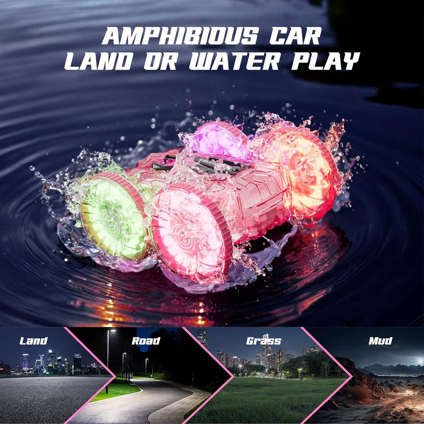 Stunt Car, Remote Control Car for Water or Land Play, Pink Pool Toys with 2Batteries 70/36Minutes, 360øRotation,180øFlip,2.4GHz RC Car with LED Lights Remote Control Car for Kids - Toyigo