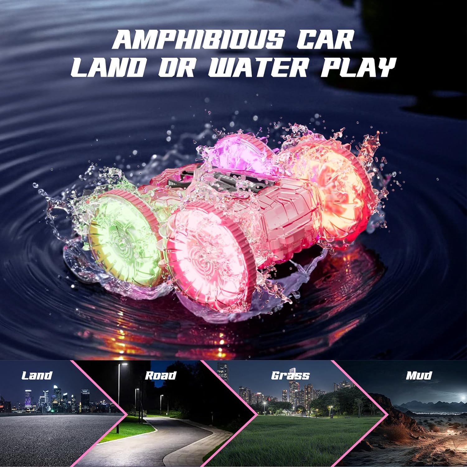 Stunt Car, Remote Control Car for Water or Land Play, Pink Pool Toys with 2Batteries 70/36Minutes, 360øRotation,180øFlip,2.4GHz RC Car with LED Lights Remote Control Car for Kids - Toyigo