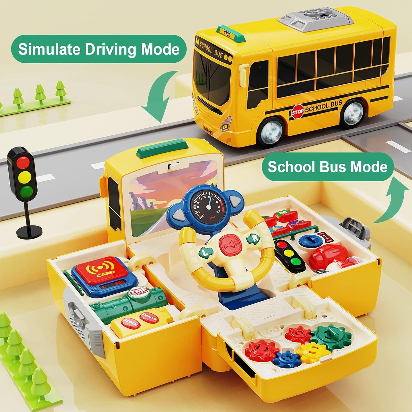 Bus Toy with Sound and Light, Simulation Steering Wheel Driving Toy, Toddlers Fire Truck Toy, with Sound and Light, Simulate a Rescue fire Scene,1-3-5 Boys & Girls Gift - Toyigo