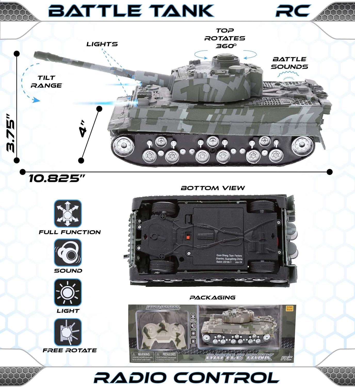 Army RC Tank Toy, Remote Control Tank with Lights and Sounds, RC Tank with Rotating Turret, Realistic RC Military Tank Model, Cool RC tank toy, RC Vehicles for Kids - Toyigo