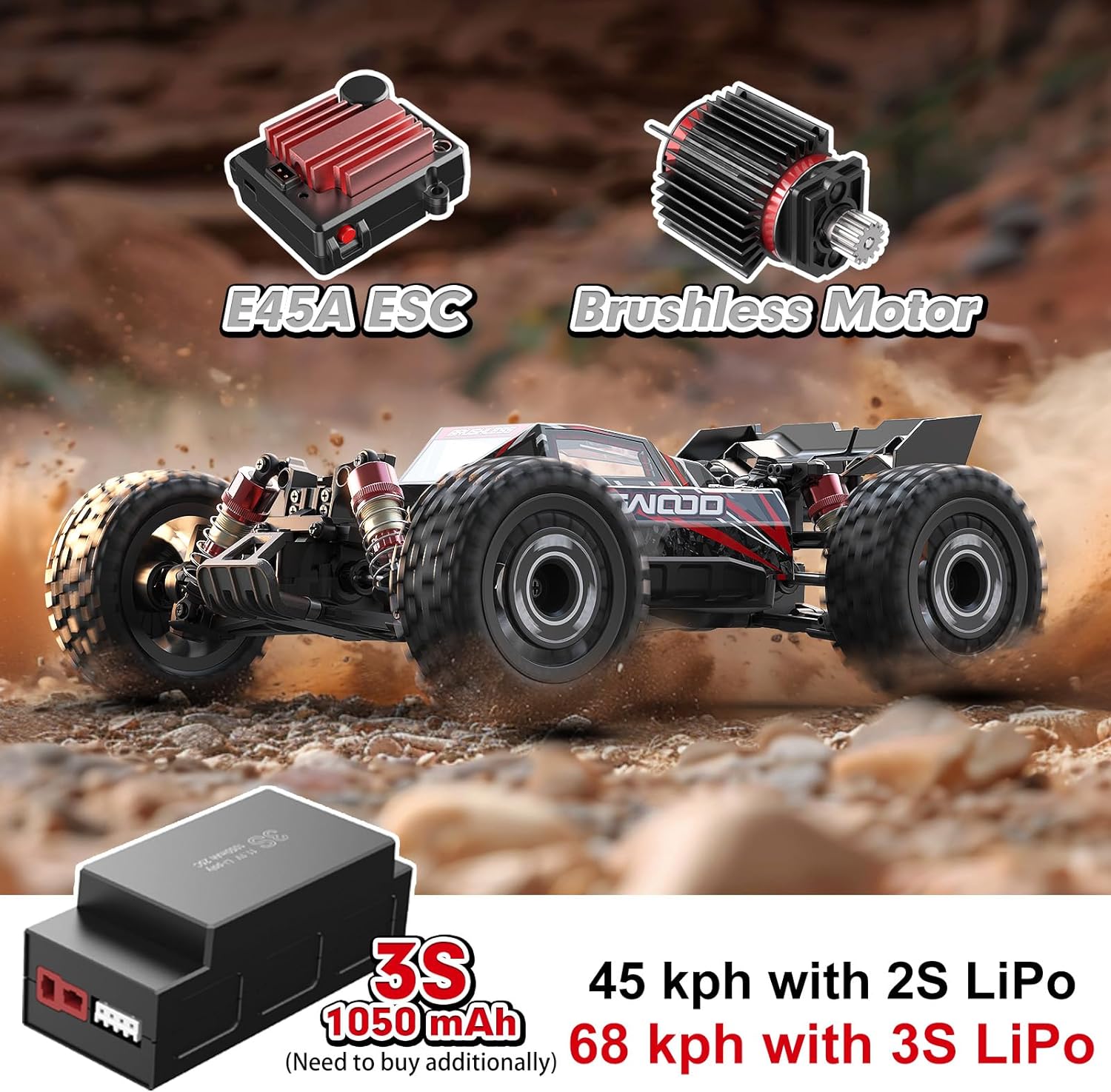 RC Cars, Fast Remote Control Car for Adults, Electric 4WD RTR Brushless RC Cars, High Speed RC Truck Gifts for Boys, Max 42 mph Off road Buggy, JC16EP with 2 Lipo - Toyigo