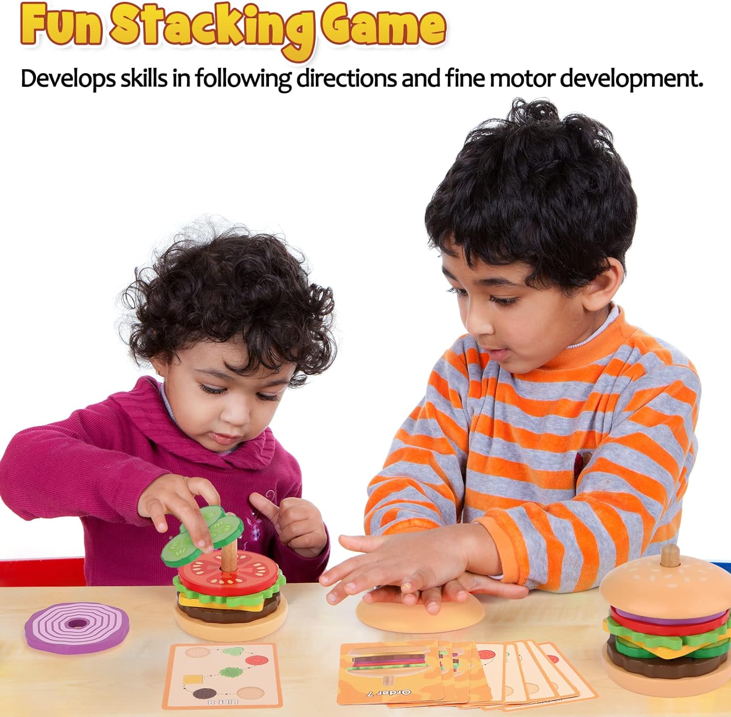 Montessori Stacking Toys, Educational Learning Toy, Wooden Burger for 3 Year Old Toddlers, Fine Motor Skill Development, Toddler Stacking Toy - Toyigo