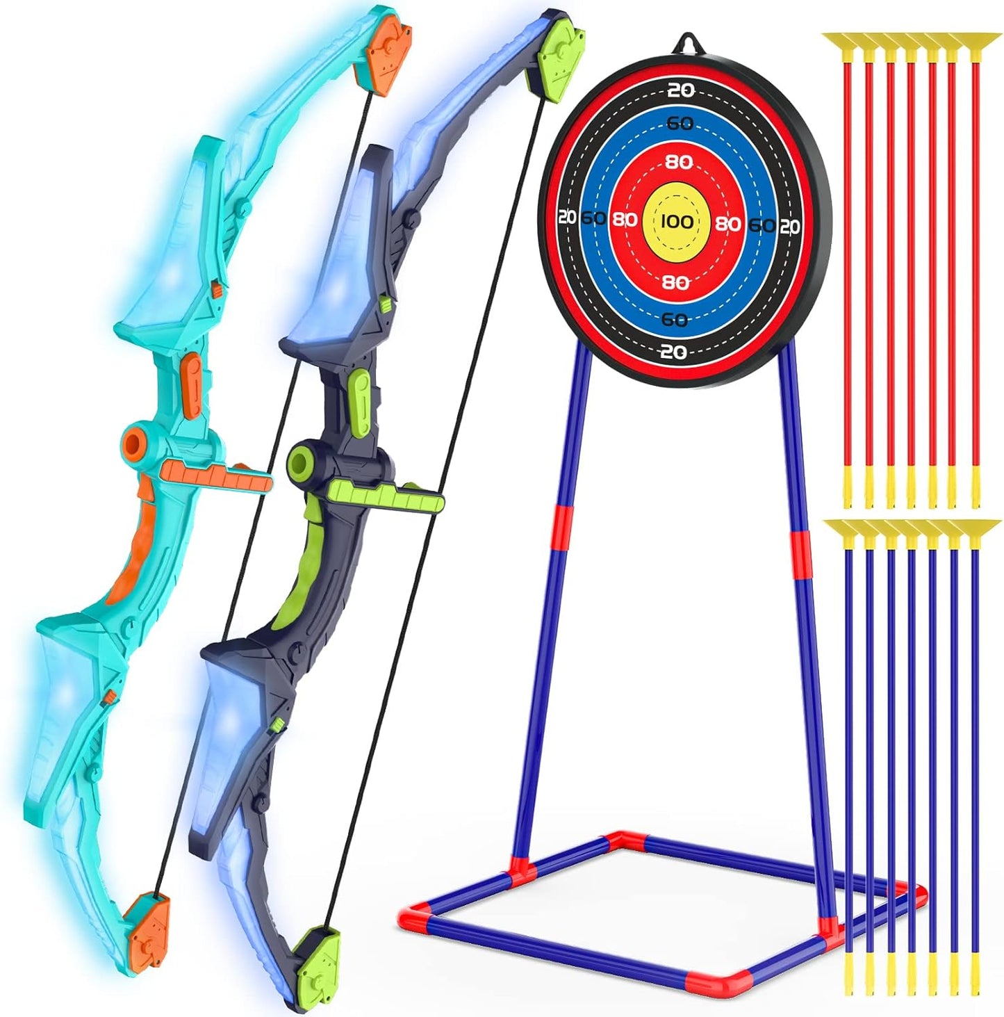 Bow and Arrow Set with LED Flash Lights, 2 Pack Kids 14 Suction Cup Arrows and Fluorescence Standing Target-Perfect Indoor and Outdoor Archery Set Toy Gift for Boys and Girls Ages 4-12