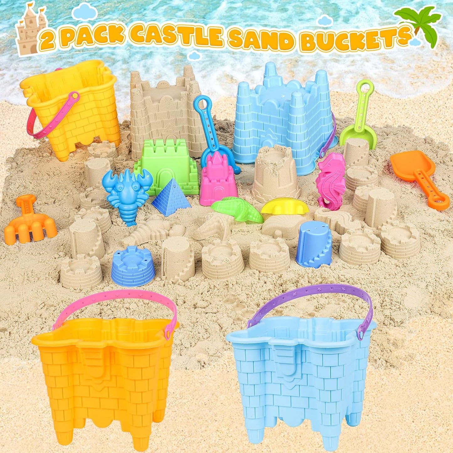 Beach Toys, Sand Castle Toys with 2 Sand Bucket, 2 Mesh Bag, 4 Sand Shovels & Sand Molds, Travel Sand Toys for Beach Sandbox Toys for Toddlers Kids Baby Boys Girls Age 3-10