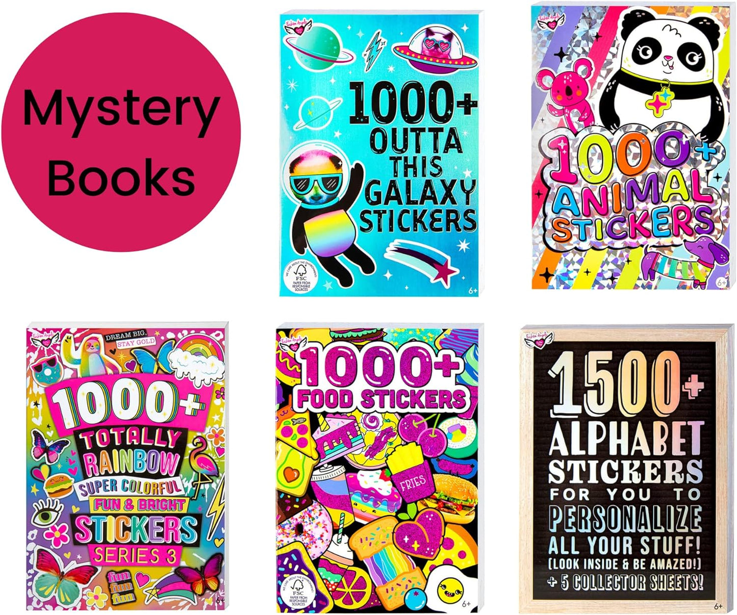 Set of 4 Stickers Books, 1000+ Stickers for Each Book, Fantasy, Food, Photographs and Animals, for 6 Years, 32672F