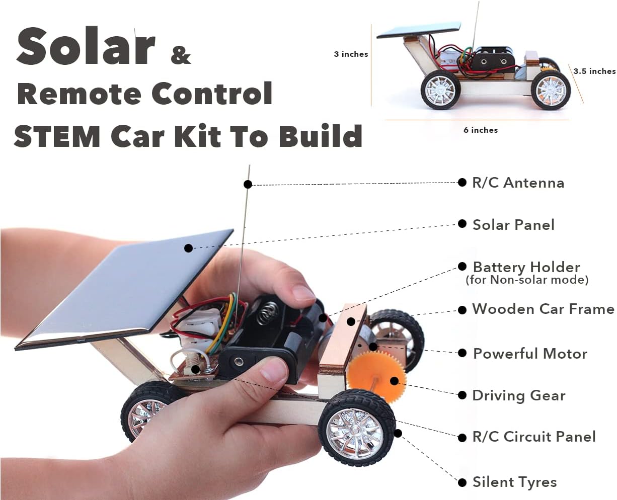 Solar-Powered Car V1, Wooden STEM Kit with Wireless Remote Control for Boys and Girls, Hybrid Powered by Solar Power and Batteries, Educational Motor Toy Gift for Kids Aged 8-12