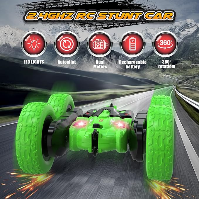 Stunt RC Cars, Remote Control Car,360 Flips Rotating, Double Sided RC Car with LED Lights, Rechargeable Electric 2.4Ghz All Terrain Drift Car Toys Birthday Gift for Kids 5-7 (Color As Pre Availability) - Toyigo